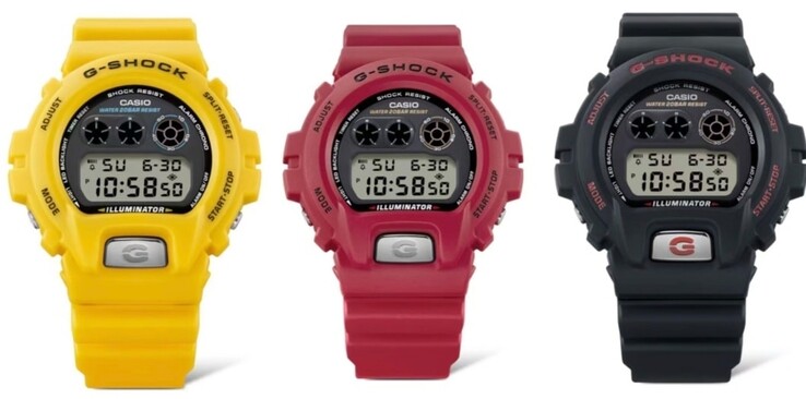 Casio G-Shock DW-6900 serie in geel (DW-6900TR-9), rood (DW-6900TR-4) en zwart (DW-6900TR-1).