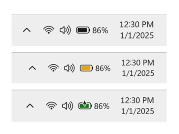 De gekleurde batterijpictogrammen van Windows 11 maken het gemakkelijker om de batterij- en oplaadstatus te kennen. (Afbeeldingsbron: Microsoft)