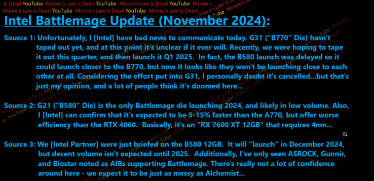 Intel lanceert deze generatie mogelijk geen high-end Arc Battlemage grafische kaart (afbeeldingsbron: Moore's Law is Dead op YouTube)