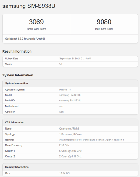 Qualcomm Snapdragon 8 Gen 4 voor Galaxy (bron: Geekbench)