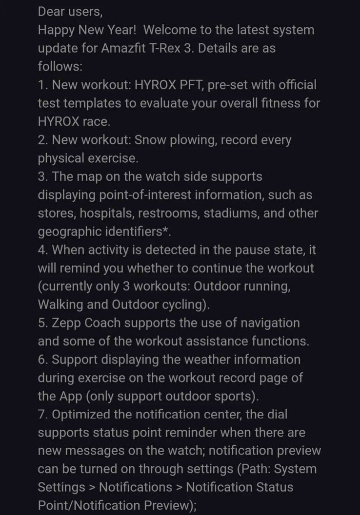 De release notes voor Amazfit software versie 3.4.4.7 voor de T-Rex 3 smartwatch. (Afbeeldingsbron: u/Ech0ke via Reddit)