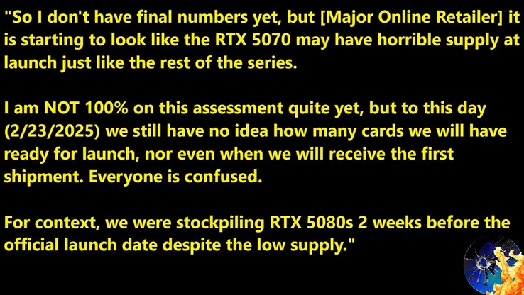 Informatie over de lanceringsvoorraad van de RTX 5070. (Afbeeldingsbron: Moore's Law Is Dead)