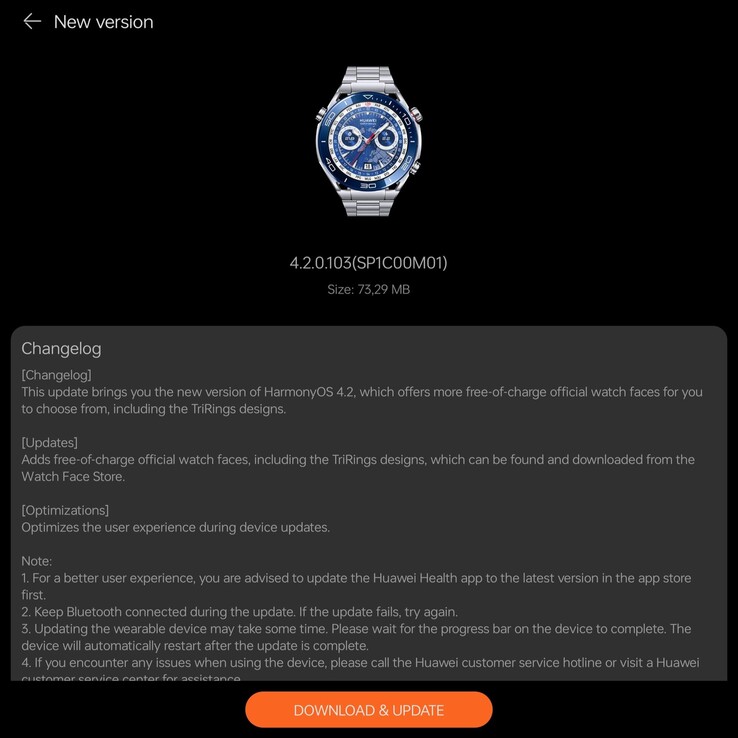 Het veranderingslogboek voor versie 4.2.0.103 voor de Huawei Watch Ultimate. (Afbeeldingsbron: @RODENT950 via X)