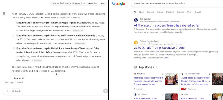 ChatGPT (links) beantwoordt vragen met een goed antwoord in plaats van een lijst met zoekresultaten zoals Google (rechts). (Afbeeldingsbron: Notebookcheck.net)