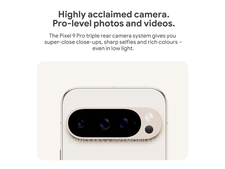 De Pixel 9 Pro zal een 50MP brede, 48MP ultrabrede en 48MP telesensor hebben. (Bron: @OnLeaks x 91Mobiles)