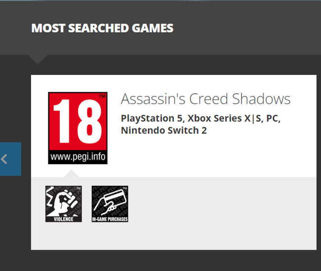 Assassin's Creed Shadows PEGI classificatie (Afbeelding bron: screenshot, PEGI)