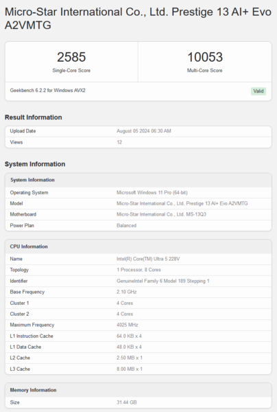 Core Ultra 6 228V Geekbench score (bron: Geekbench)