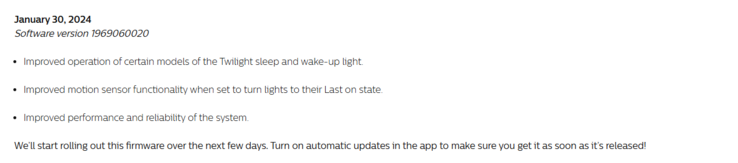 De release notes voor de Philips Hue Bridge software versie 1969060020. (Afbeeldingsbron: Philips Hue)