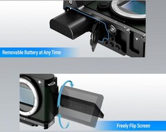 De marketingafbeeldingen van Sirui bevestigen een volledig scharnierend scherm en aparte batterij- en SD-deurtjes. (Afbeeldingsbron: Amazon)