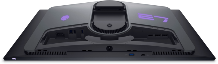 Alienware AW2725DF: Aan/uit-knop, bedieningsjoystick en poorten. (Afbeelding Bron: Dell)