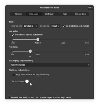 Het nieuwe welkomstscherm van GIMP biedt een groot aantal manieren om het beeldbewerkingsprogramma aan uw voorkeuren aan te passen. (Afbeelding bron: Julian van der Merwe / Notebookcheck)