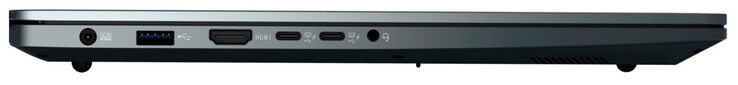 Linkerkant: stroomaansluiting, USB 3.2 Gen 1 (USB-A), HDMI, 2x USB 3.2 Gen 1 (USB-C; Power Delivery, DP Alt-Mode), audio-combo