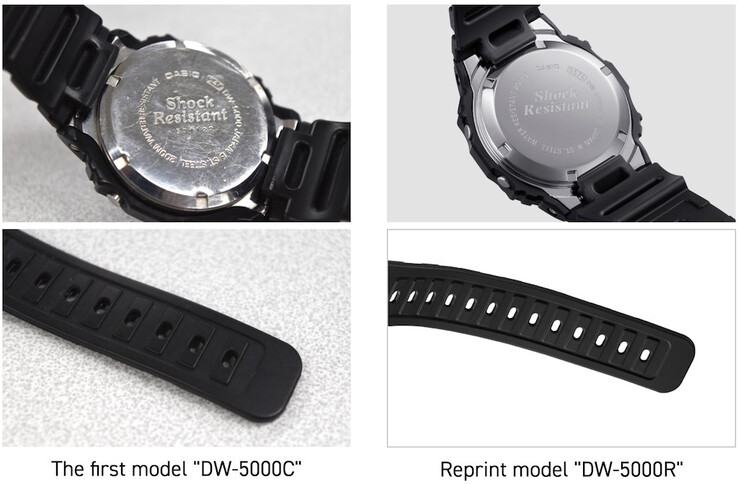 De vormen en positie van de bandgaten en het roestvrij staal dat gebruikt is in de achterkant van de Casio DW-5000R G-Shock zijn identiek aan de originele DW-5000C. (Afbeeldingsbron: Casio Japan)