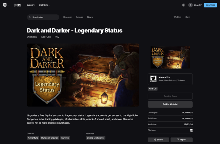 Dark and Darker - Legendary Status heeft op dit moment de status 'Coming Soon' in de Epic Games Store. (Afbeeldingsbron: Epic Games)