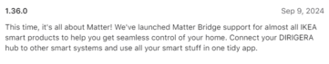 De release notes voor de IKEA Home smart app versie 1.36.0. (Afbeeldingsbron: Apple App Store)