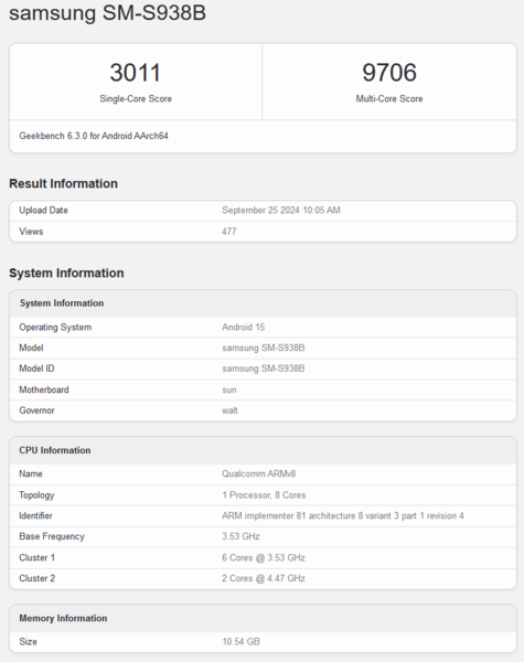 Snapdragon 8 Gen 4 voor Galaxy nieuwe Geekbench notering (bron: Geekbench)