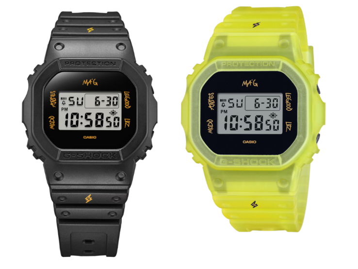 Het Casio G-Shock DWE-5600JB-1A9 horloge wordt geleverd met zwarte en gele horlogebanden en kast. (Afbeeldingsbron: Casio)