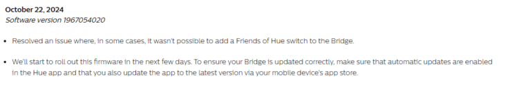 Het wijzigingslogboek voor Philips Hue Bridge softwareversie 1967054020. (Afbeeldingsbron: Philips Hue)