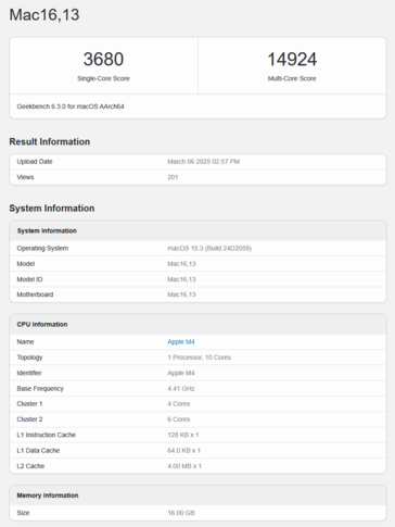 M4 MacBook Air Geekbench CPU score (bron: Geekbench)