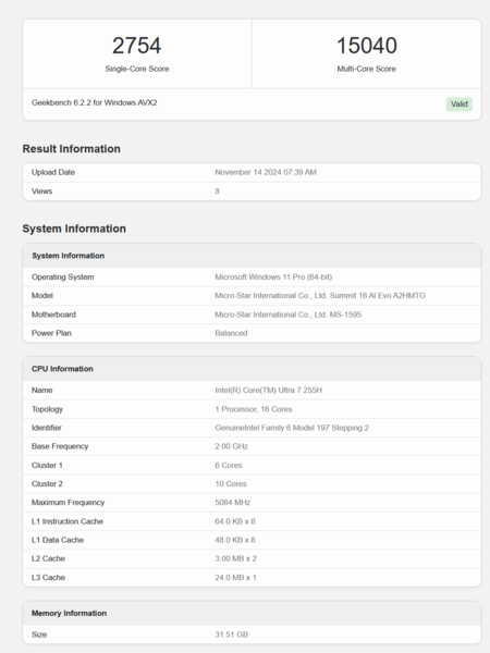 Intel Core Ultra 7 255H Geekbench prestaties (bron: Geekbench)