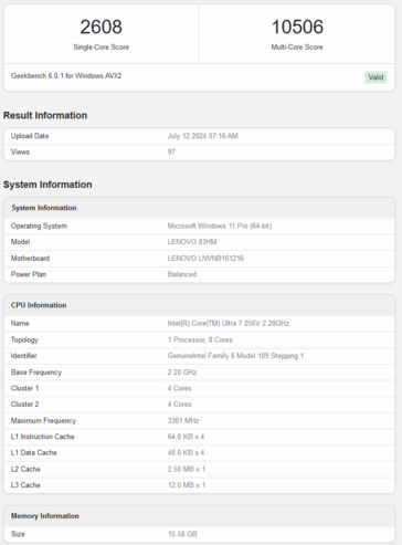 Intel Core Ultra 7 256V Geekbench score (afbeelding via Geekbench)