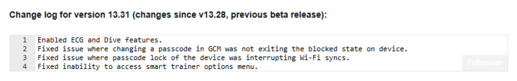 Het wijzigingslogboek voor bètaversie 13.31 voor de Garmin Enduro 3 en verwante smartwatches. (Afbeelding bron: Garmin)