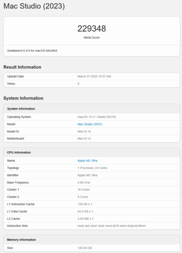 Apple M2 Ultra Geekbench GPU Metal score (beeldscore Geekbench)