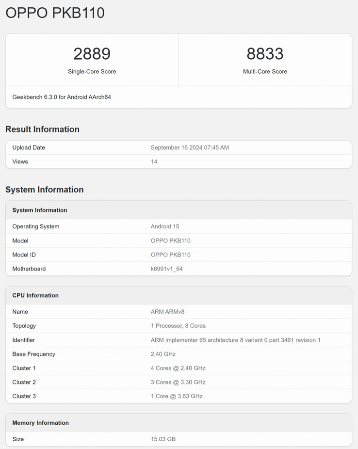 Vermeende Oppo Find X8 Geekbench CPU-benchmark (Afbeeldingsbron: IT Home)