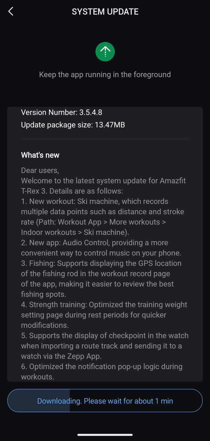 Het wijzigingslogboek voor de Amazfit T-Rex 3 versie 3.5.4.8 update. (Afbeeldingsbron: u/Ech0ke via Reddit)