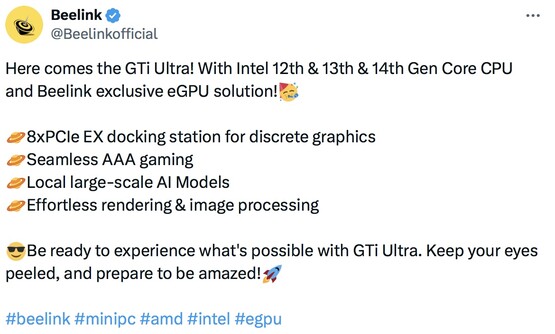 Beelink's aankomende GTi Ultra zal voorzien zijn van Intel's 12e, 13e en 14e generatie processors. (Bron: Beelink op Twitter)