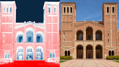 Een thermisch infraroodbeeld van UCLA&#039;s Royce Hall. De overgang van wit naar lichtrood toont de warmte die van de grond (rood) wordt geabsorbeerd. De overtollige warmte straalt omhoog naar de koude lucht, afgebeeld met blauw. (Afbeeldingsbron: Raman Lab/UCLA)