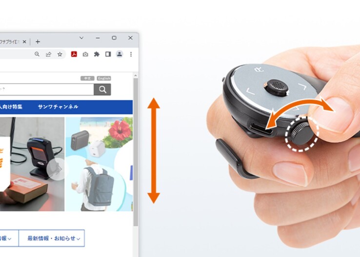 De Sanwa Finger Mouse heeft een kroonwiel dat kan draaien om door webpagina's te scrollen. (Afbeeldingsbron: Sanwa Supply)