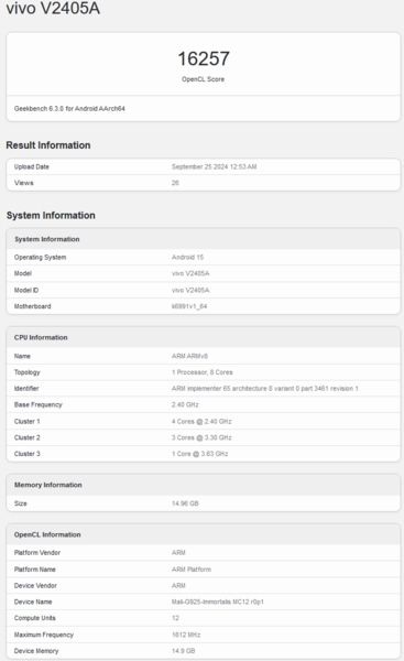 Arm Immortalis-G925 MP12 Geekbench OpenCL prestaties (bron: Geekbench)