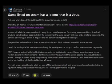 Infected Steam demo Reddit post (Afbeelding bron: screenshot, PC Gaming subreddit)