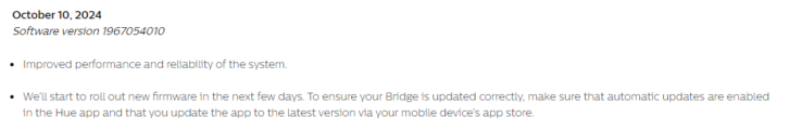 De release notes voor softwareversie 1967054010 voor de Philips Hue Bridge. (Afbeeldingsbron: Philips Hue)