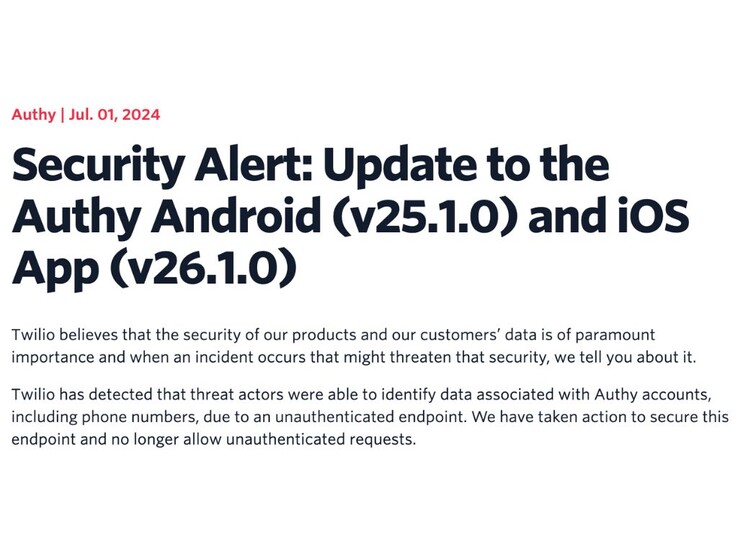 Twilio heeft gebruikers aangemoedigd om de Authy app om veiligheidsredenen dringend te updaten (Bron: Twilio)