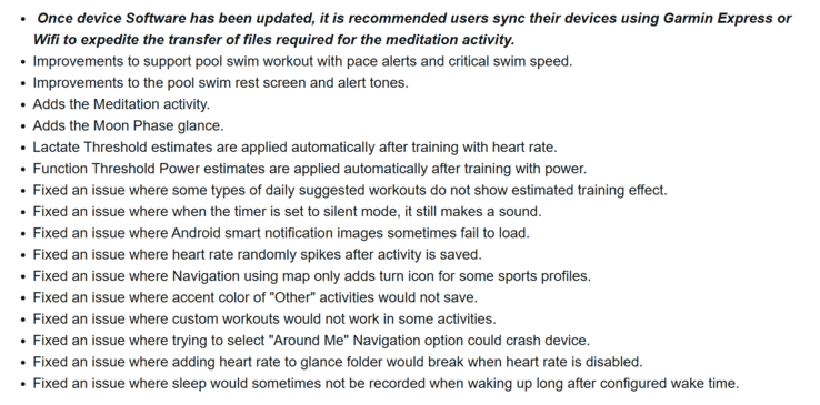 Het wijzigingslogboek voor bèta-update versie 21.16 voor sommige Garmin Forerunner smartwatches. (Afbeelding bron: Garmin)