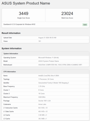 Intel Core Ultra 9 285K Geekbench score (bron: Geekbench)