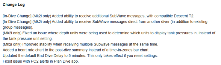 De Garmin Descent Mk2 serie update versie 26.30 wijzigingslogboek. (Afbeelding bron: Garmin)
