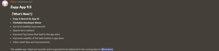 De release notes voor Zepp App 9.5. (Afbeeldingsbron: Zepp Health via Discord)