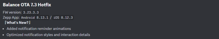 De release notes voor de Amazfit Balance OTA 7.3 Hotfix. (Afbeeldingsbron: Zepp Health via Discord)