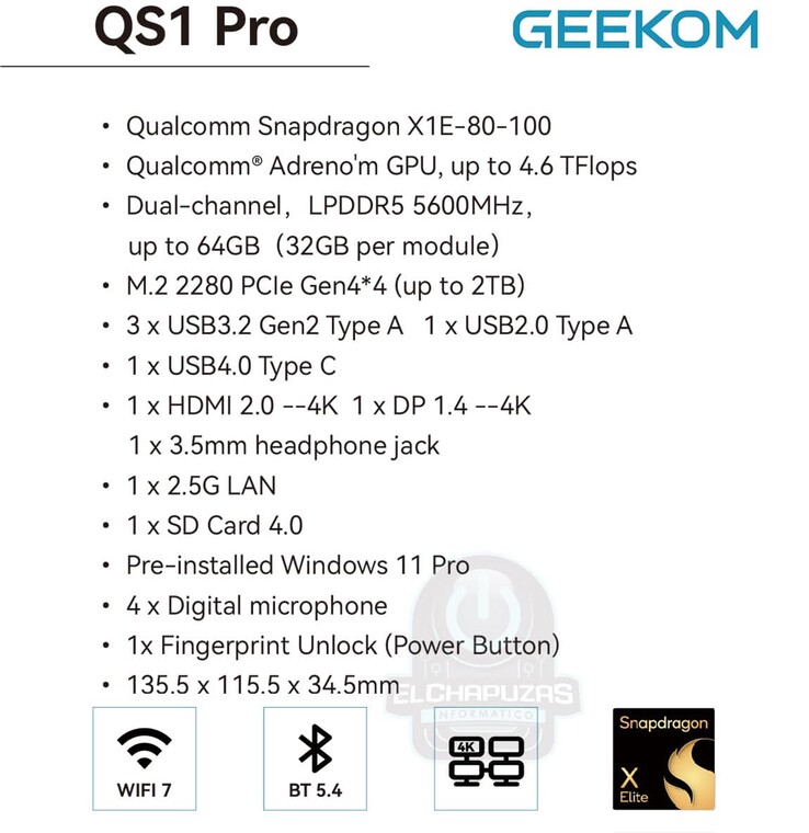 Uitgelekte specificaties van Geekom QS1 Pro (Afbeelding bron: El Chapuzas Informatico)