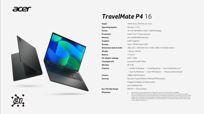 Acer TravelMate P4 16: Specificaties. (Bron: Acer)