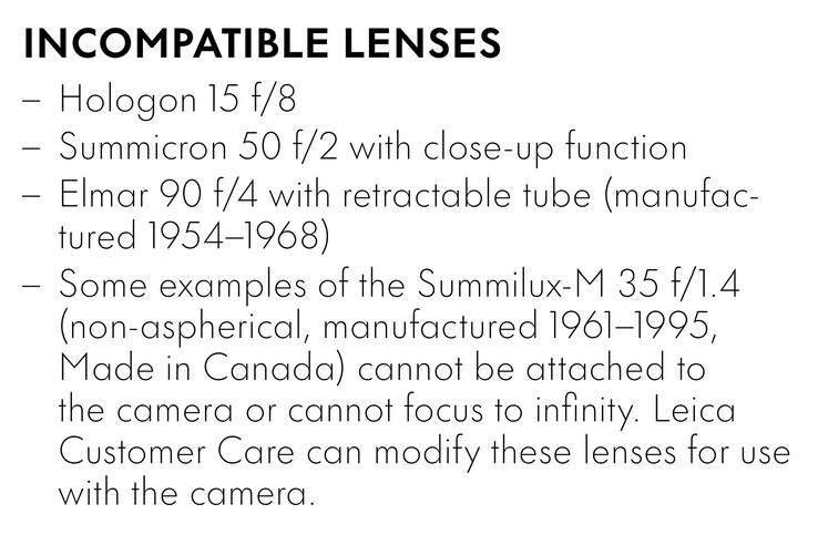 De Leica M11-D is compatibel met bijna alle Leica M-lenzen die sinds 1954 zijn geproduceerd, met uitzondering van deze lenzen. (Afbeeldingsbron: Leica)