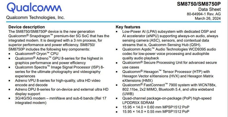 De Snapdragon 8 Gen 4 datasheet dia in kwestie (Afbeeldingsbron: SmartPix)