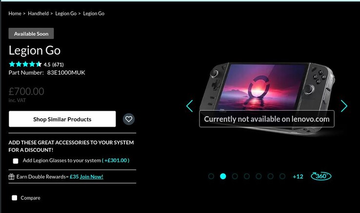 Bezoekers van verschillende Lenovo-sites in Europa worden begroet met dit bericht "Momenteel niet beschikbaar op lenovo.com" wanneer ze de productpagina Legion Go bezoeken. (Afbeeldingsbron: Lenovo UK)