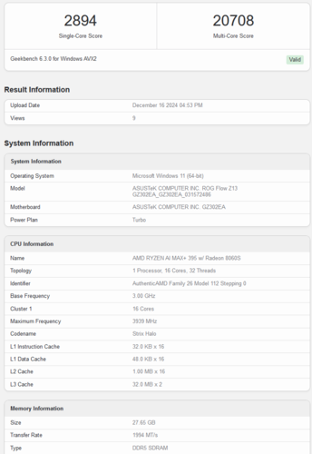 AMD Ryzen AI Max Plus 395 CPU-prestaties (beeldbron: Geekbench)