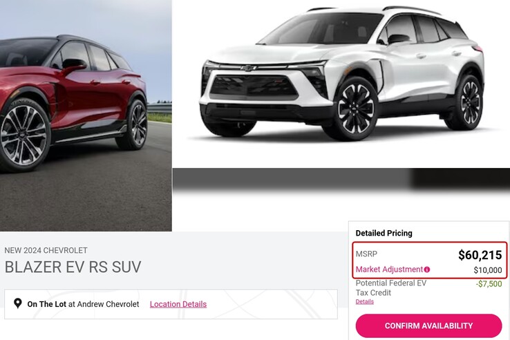 Veel dealers hebben nog geen prijzen voor de Blazer EV genoteerd, maar sommige dealers die dat wel doen, voegen exorbitante toeslagen toe. (Afbeelding bron: Screenshot, Andrew Chevrolet)