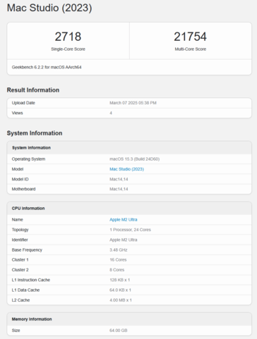 Apple M2 Ultra Geekbench CPU score (beeldscore Geekbench)