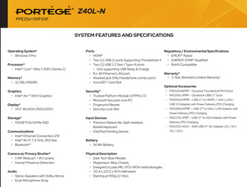 Volledige specificaties van de Core Ultra 7-variant (Afbeelding bron: Dynabook)